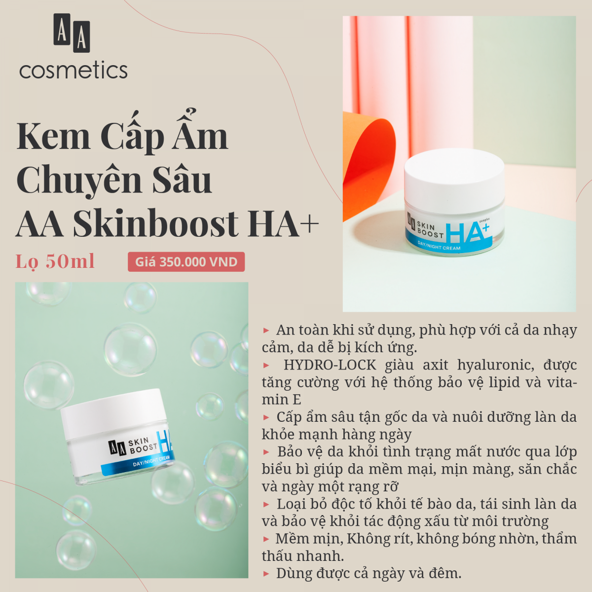 Kem Cấp Ẩm Chuyên Sâu Skin Boost HA+ Của AA Cosmetics Châu Âu