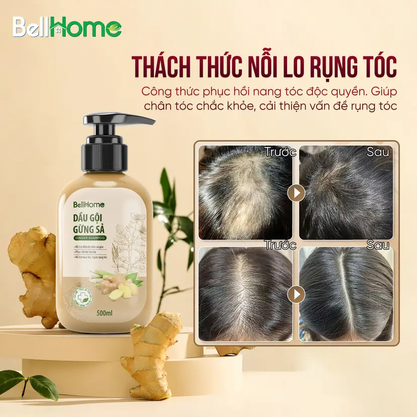 Combo Dầu Gội Thảo Mộc Gừng Sả BellHome 500ML Tặng Bọt Vệ Sinh Phụ Nữ 100ML