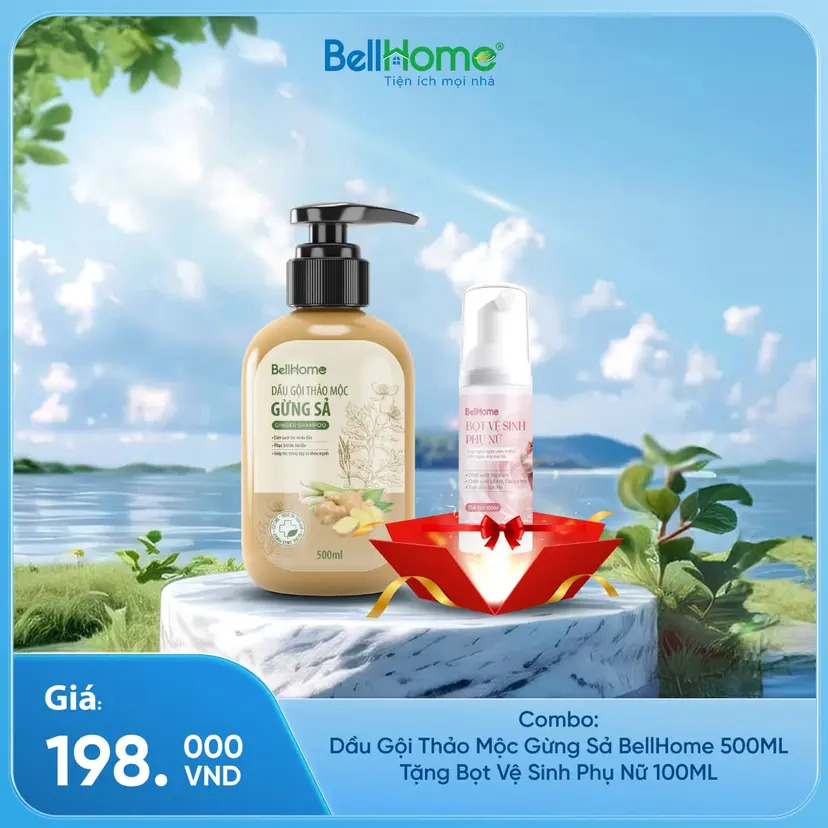 Combo Dầu Gội Thảo Mộc Gừng Sả BellHome 500ML Tặng Bọt Vệ Sinh Phụ Nữ 100ML